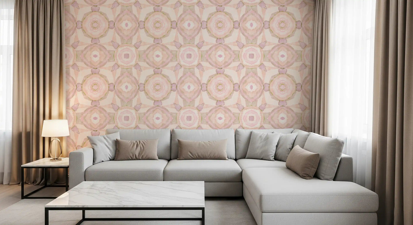 Living room Harmony Wallpaper in pastel pink, sage, and cream watercolor tones