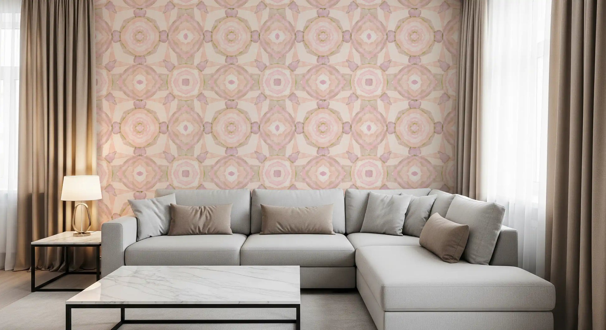 Living room Harmony Wallpaper in pastel pink, sage, and cream watercolor tones