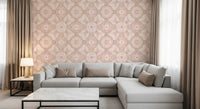 Living room Harmony Wallpaper in pastel pink, sage, and cream watercolor tones