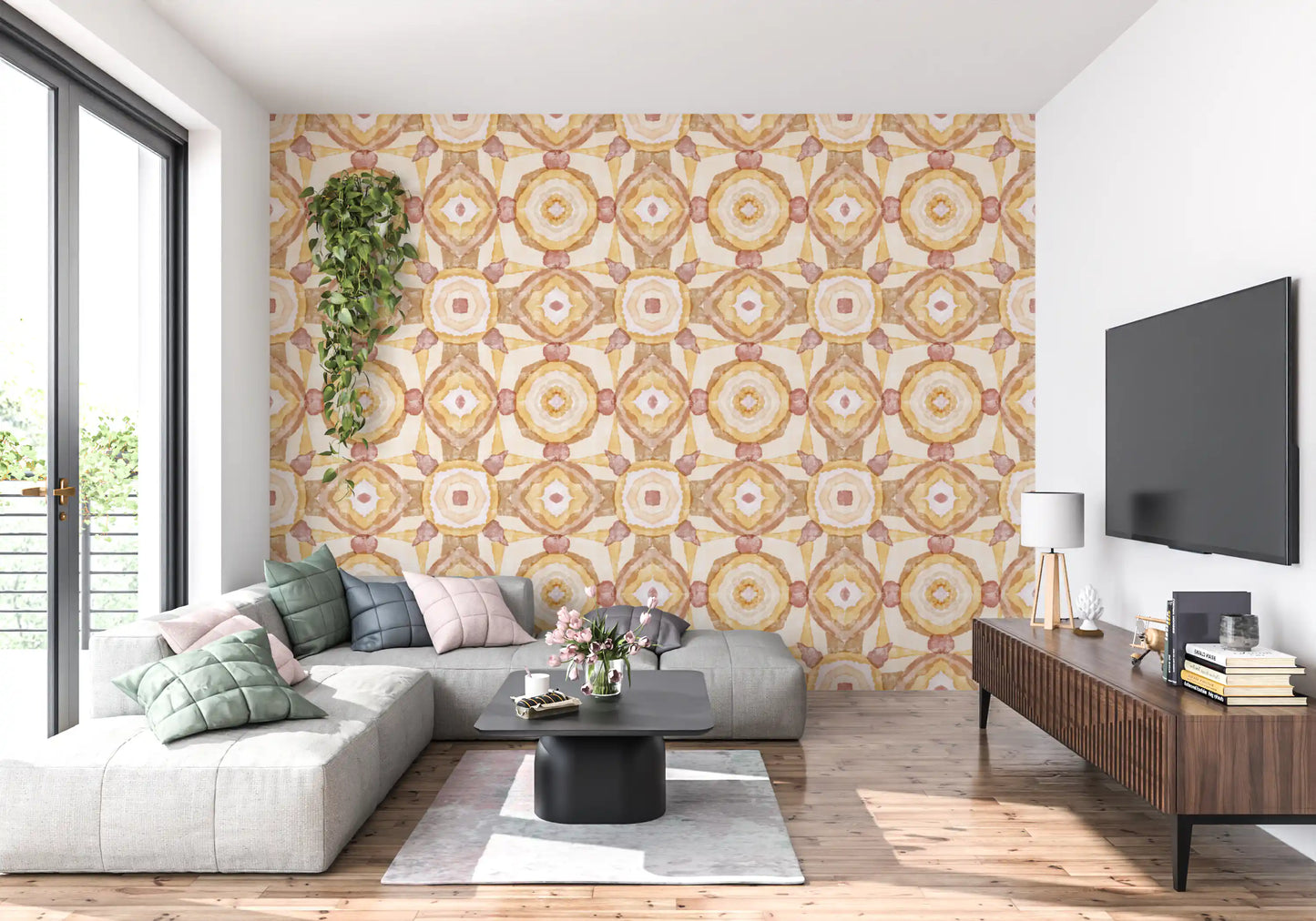 Living room Golden Earth Wallpaper showing painterly circles and warm geometry