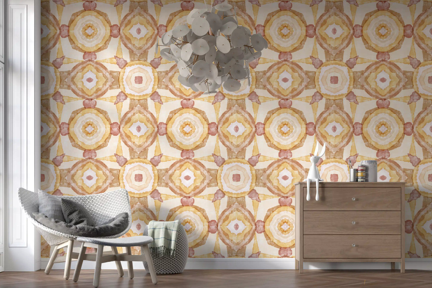 Dining room Mandala Wallpaper with golden earth tones and mirrored detailing