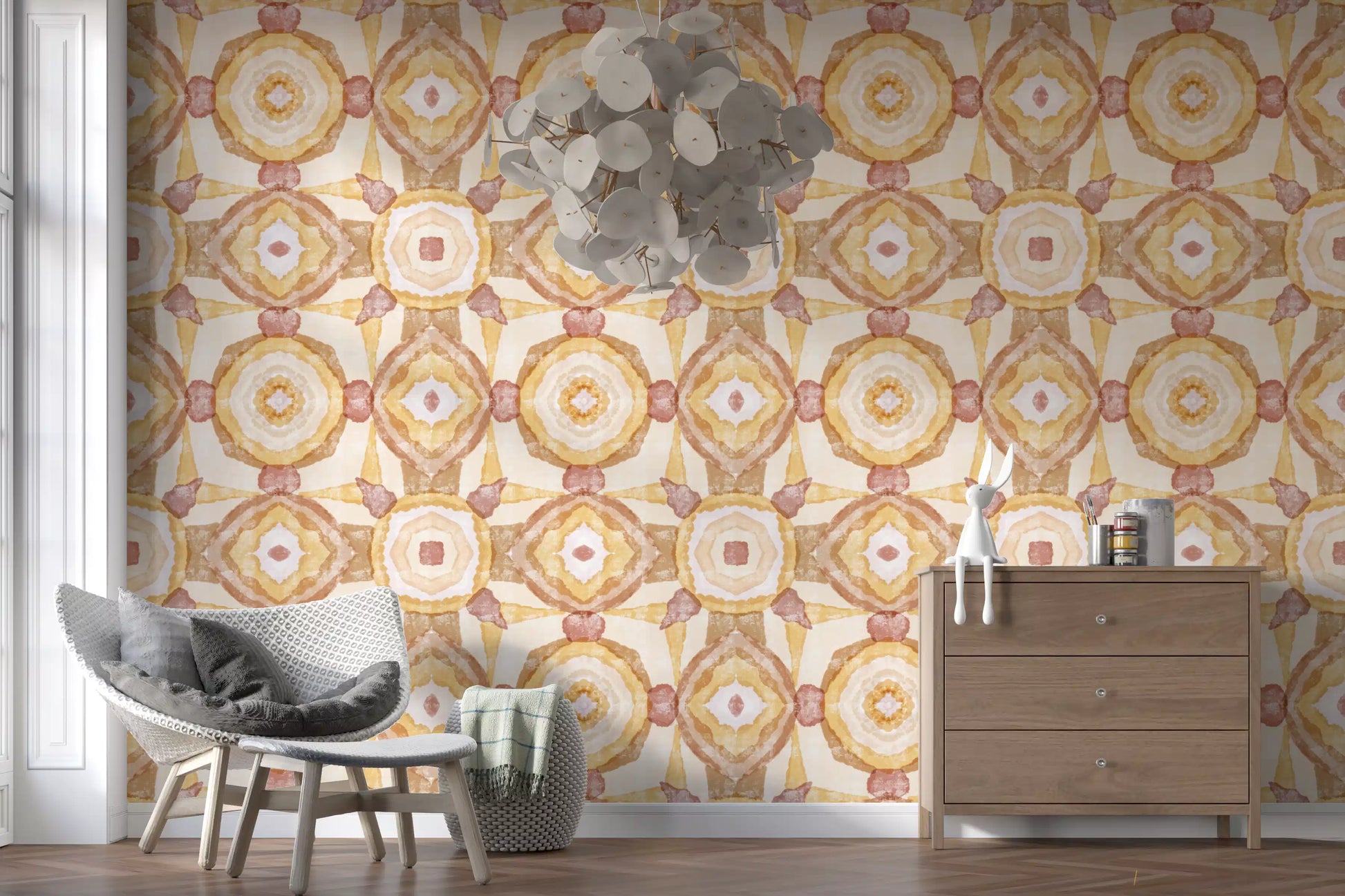 Dining room Mandala Wallpaper with golden earth tones and mirrored detailing