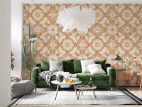 Warm earth wallpaper featuring mandala forms, blush accents, and soft symmetry