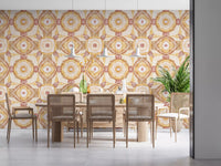 Golden wallpaper design with mirrored geometry and a calm earth-toned surface