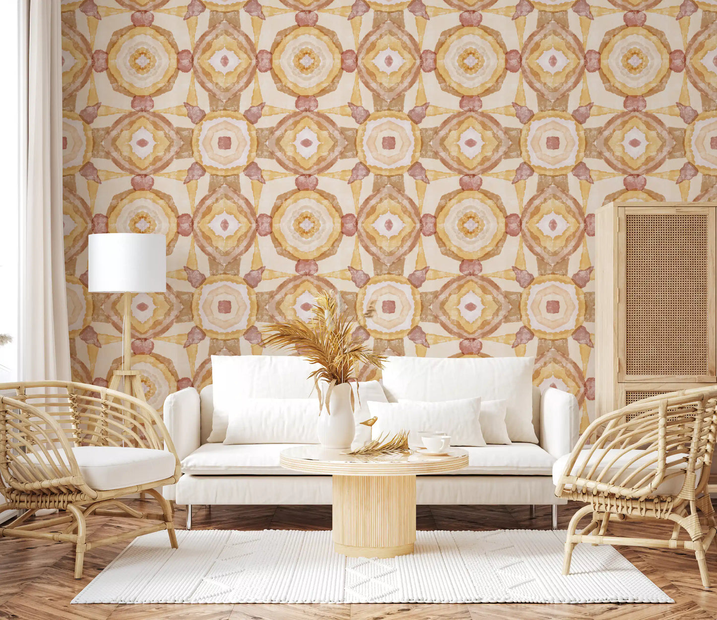 Textured mandala wallpaper with golden ocher rings and muted earth colour