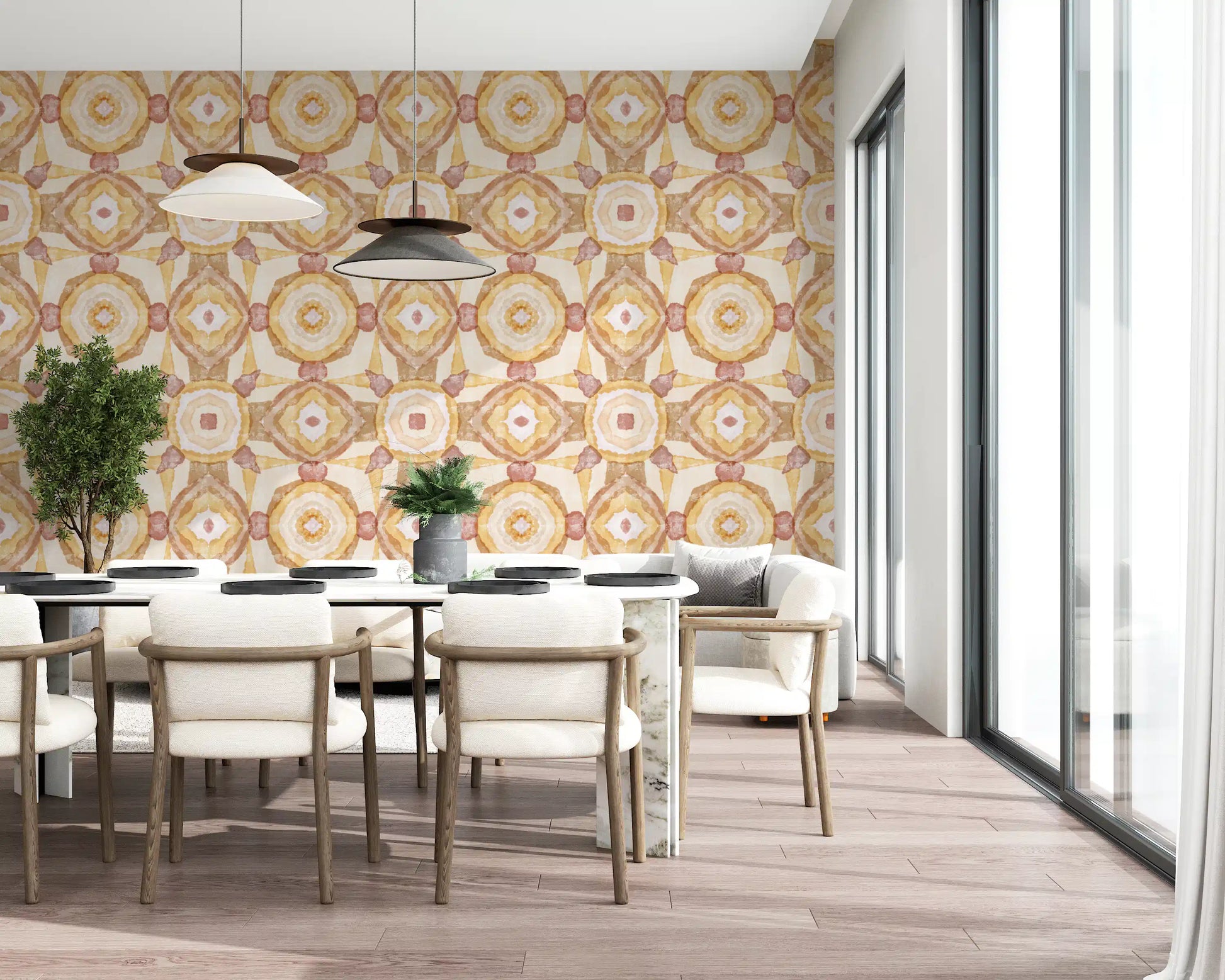 Dining room Golden Earth Mandala Wallpaper with warm mirrored geometric pattern