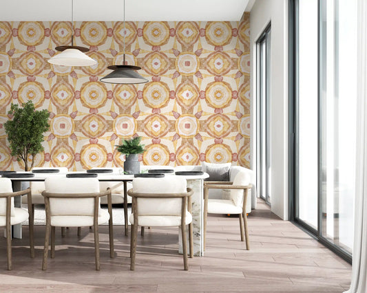 Dining room Golden Earth Mandala Wallpaper with warm mirrored geometric pattern