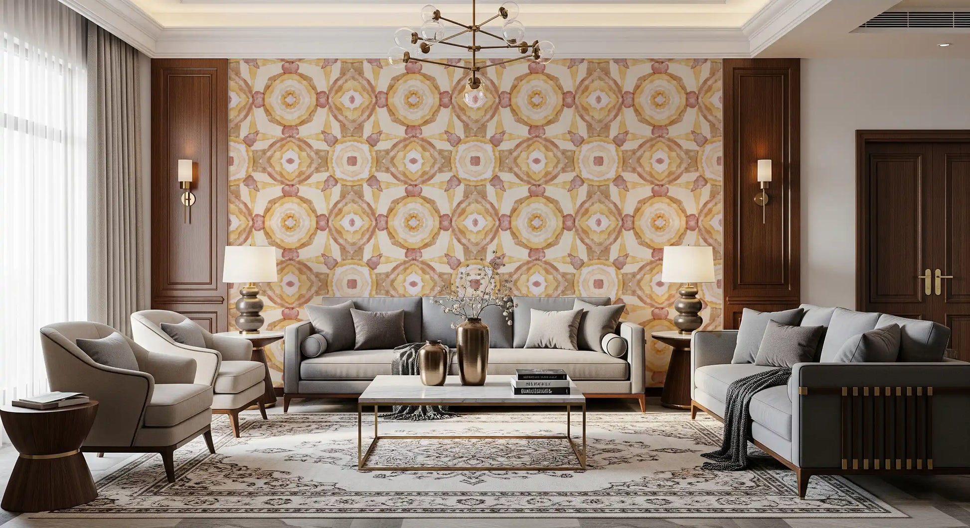 Hallway Golden Mandala Wallpaper with soft symmetry and earthy pattern flow