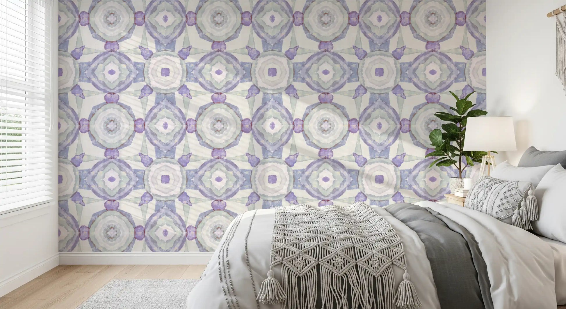 Bedroom Kaleidoscope Wallpaper with muted colour and balanced shape flow