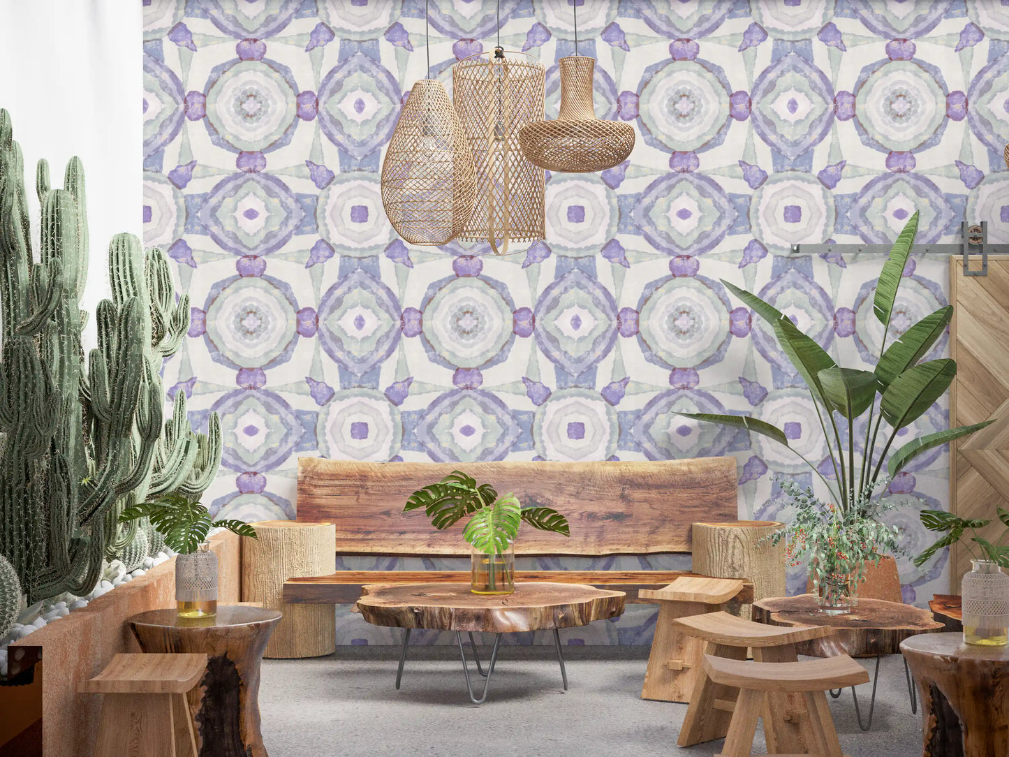 Muted wallpaper pattern with kaleidoscope symmetry and cloudy colour texture