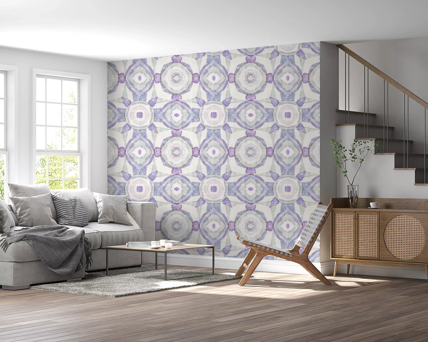 Muted Harmony Kaleidoscope Wallpaper with lavender arcs and gentle sage tones