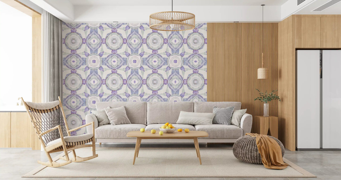 Living room Kaleidoscope Wallpaper showing lavender, sage, and pale blue pattern