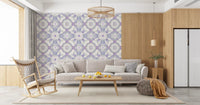 Living room Kaleidoscope Wallpaper showing lavender, sage, and pale blue pattern