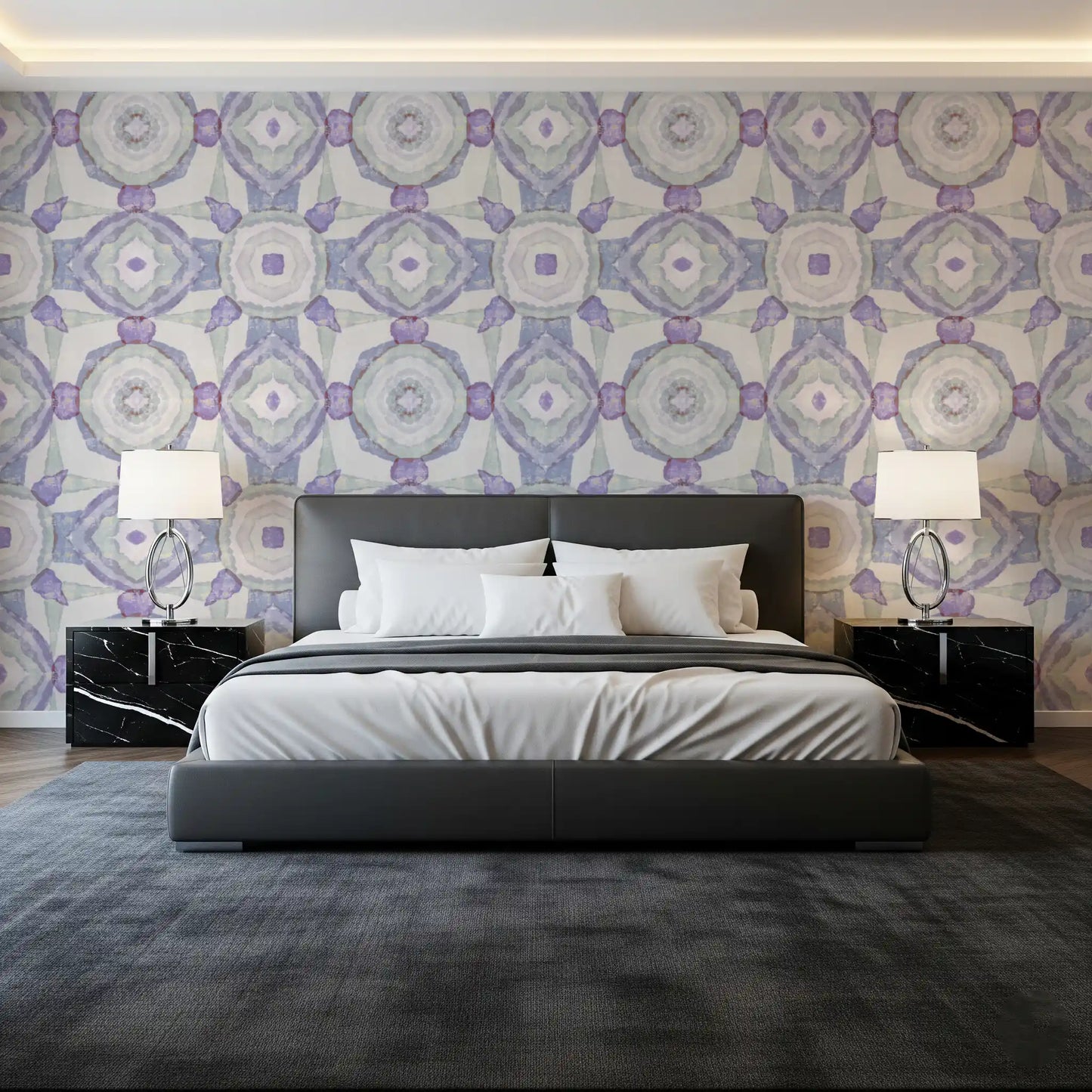 Kaleidoscope Wallpaper design with soft blue, cream, and muted purple movement