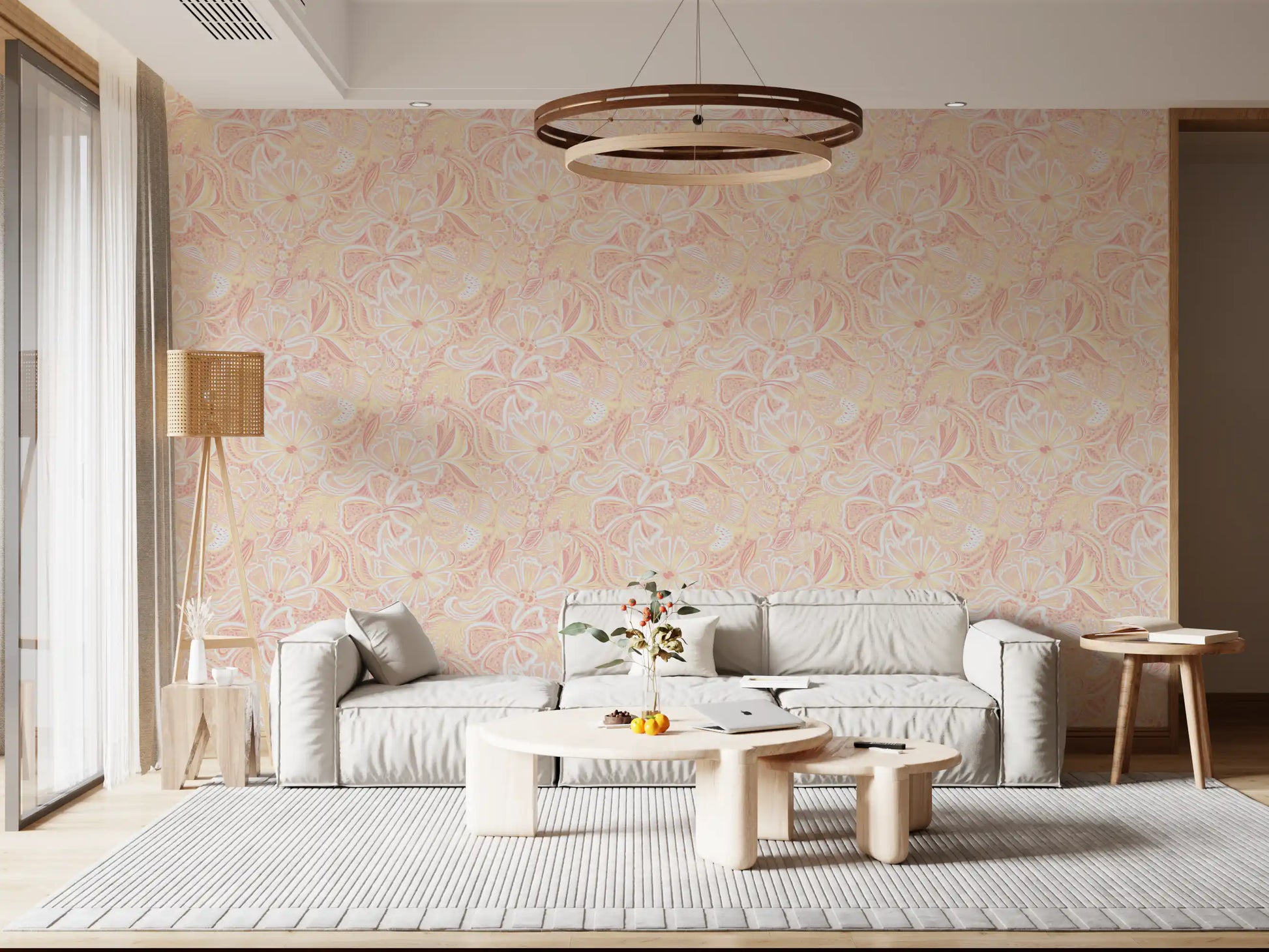 Living room Peachy Floral Whimsy Wallpaper with soft pastel floral movement