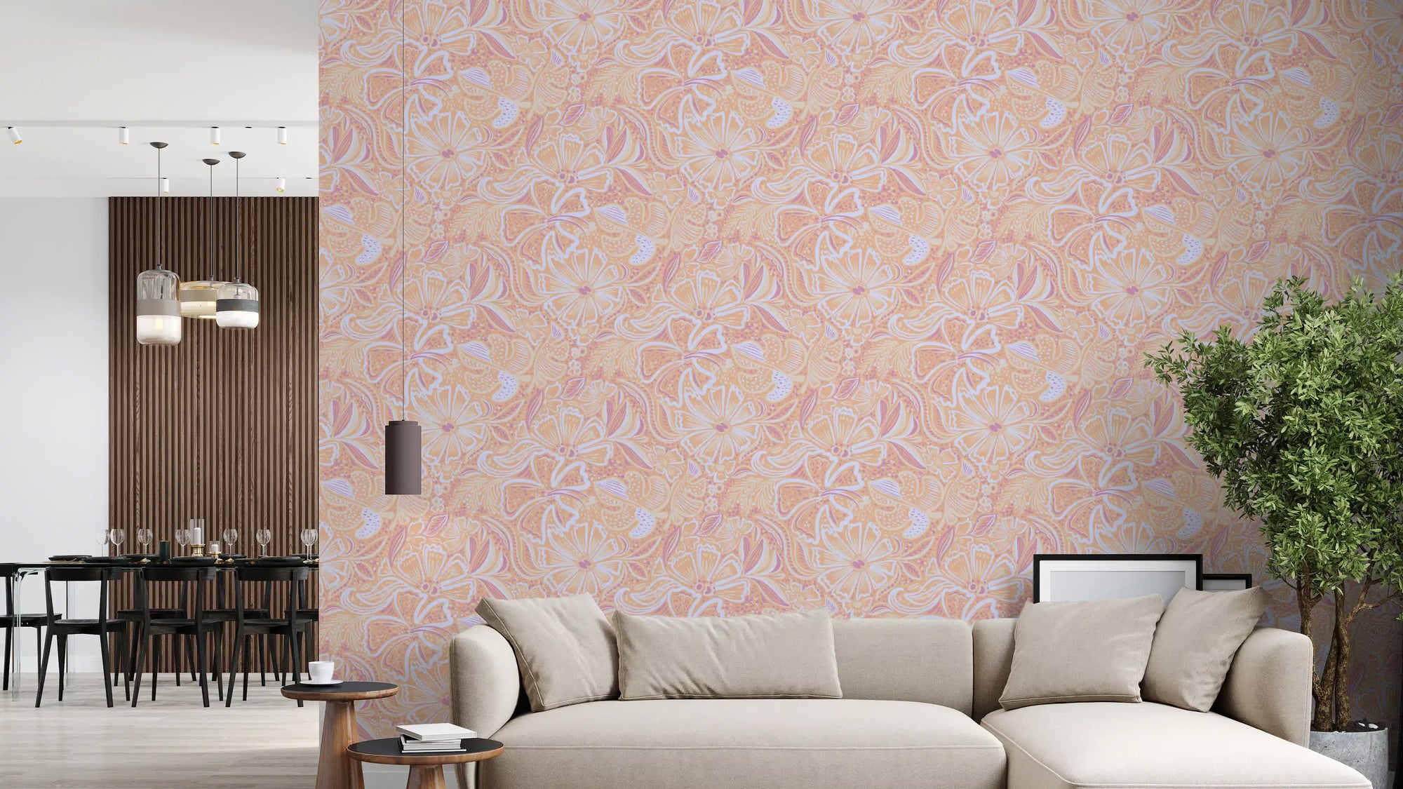 Living room Soft Peach Floral Swirl Wallpaper with pastel blooms and soft curves