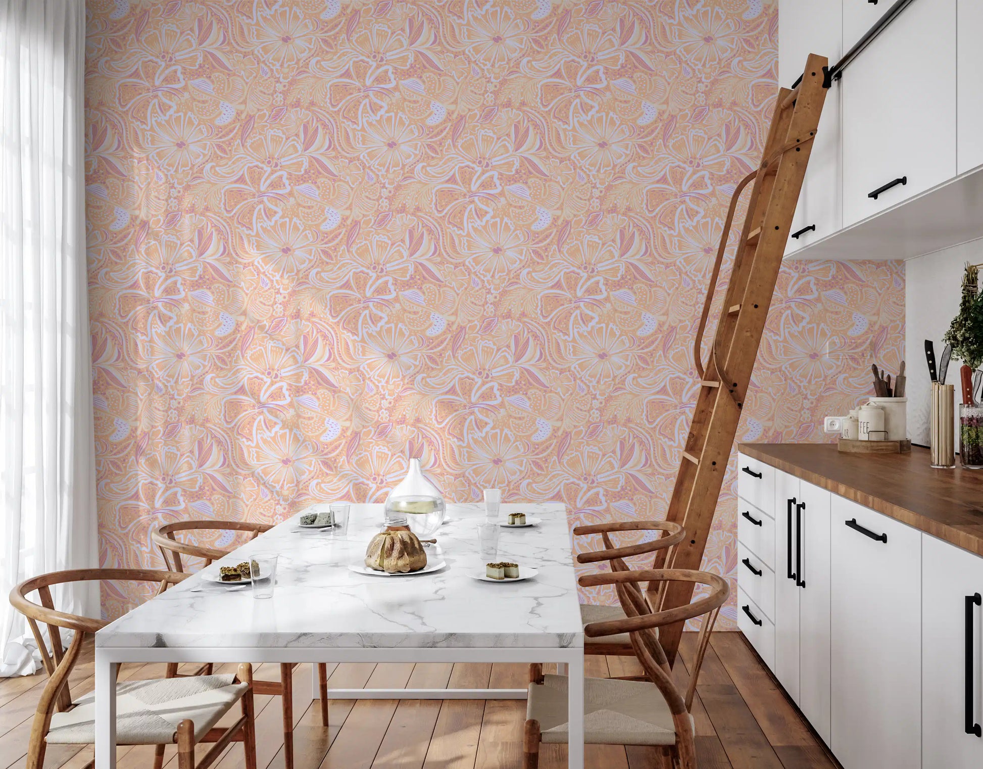 Soft Peach Floral Swirl Wallpaper with flowing blooms on a light peach base