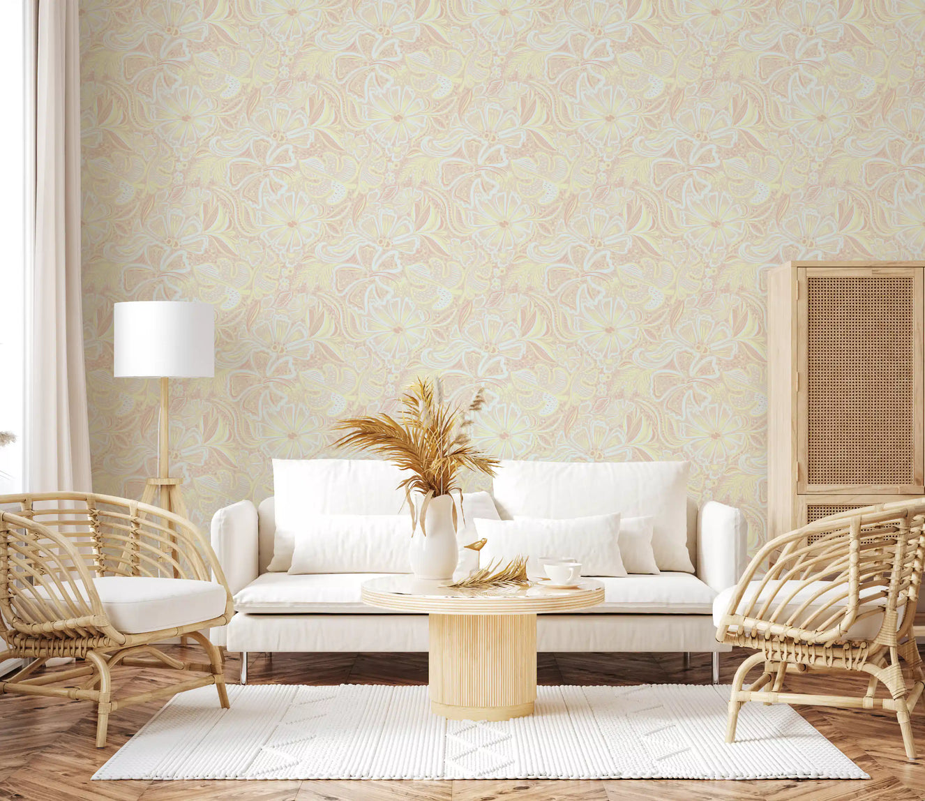 Living room Whimsical Pastel Bloom Wallpaper with soft floral swirl detail