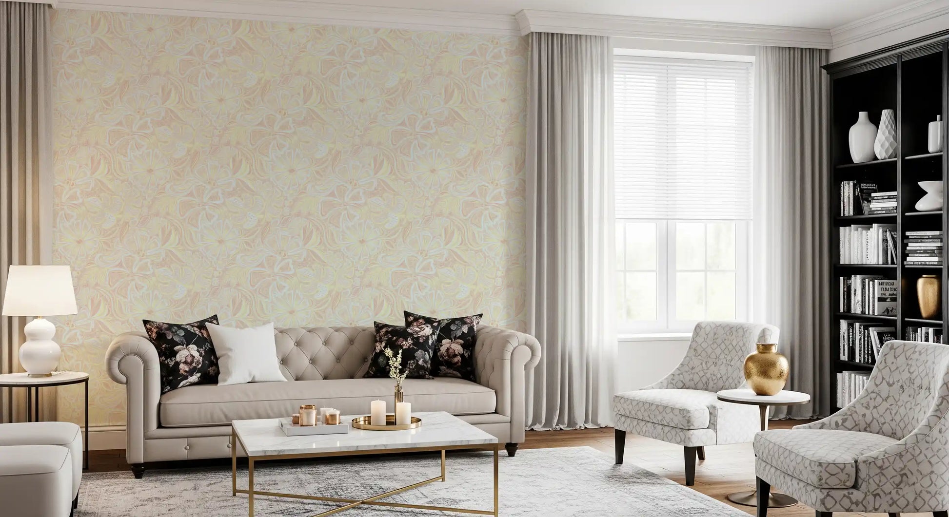 Floral pastel wallpaper with whimsical bloom swirls and delicate leaf linework