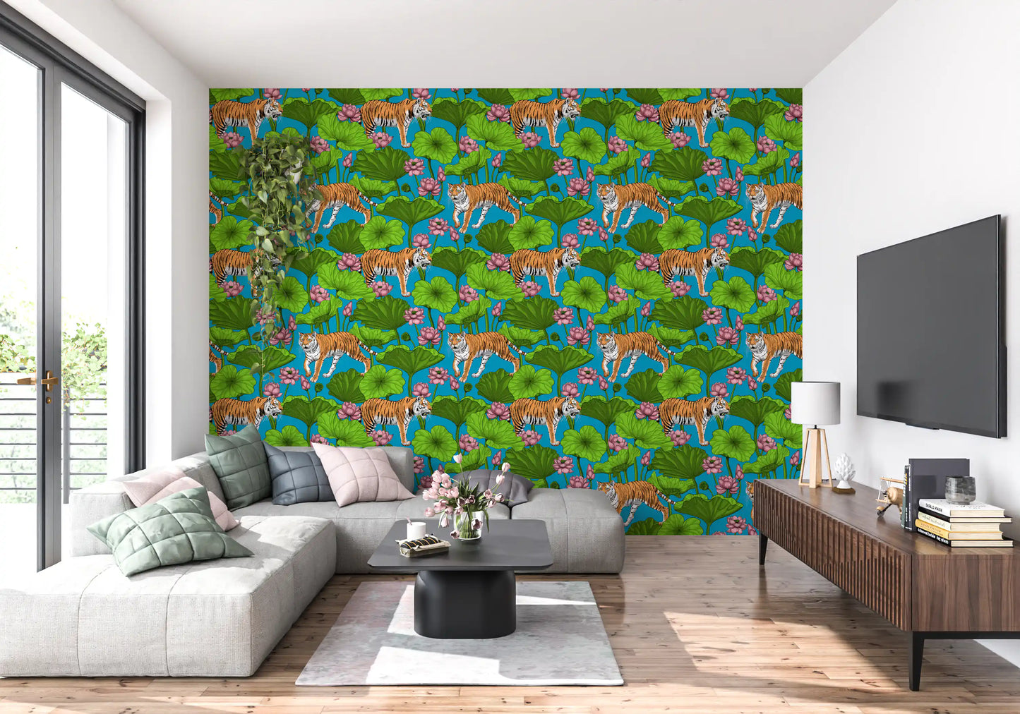 Blue lotus wallpaper with tiger motifs, green leaves, and pink flower detail