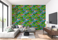 Blue lotus wallpaper with tiger motifs, green leaves, and pink flower detail