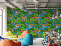 Office tiger lotus wallpaper with green leaves and pink lotus flower detail