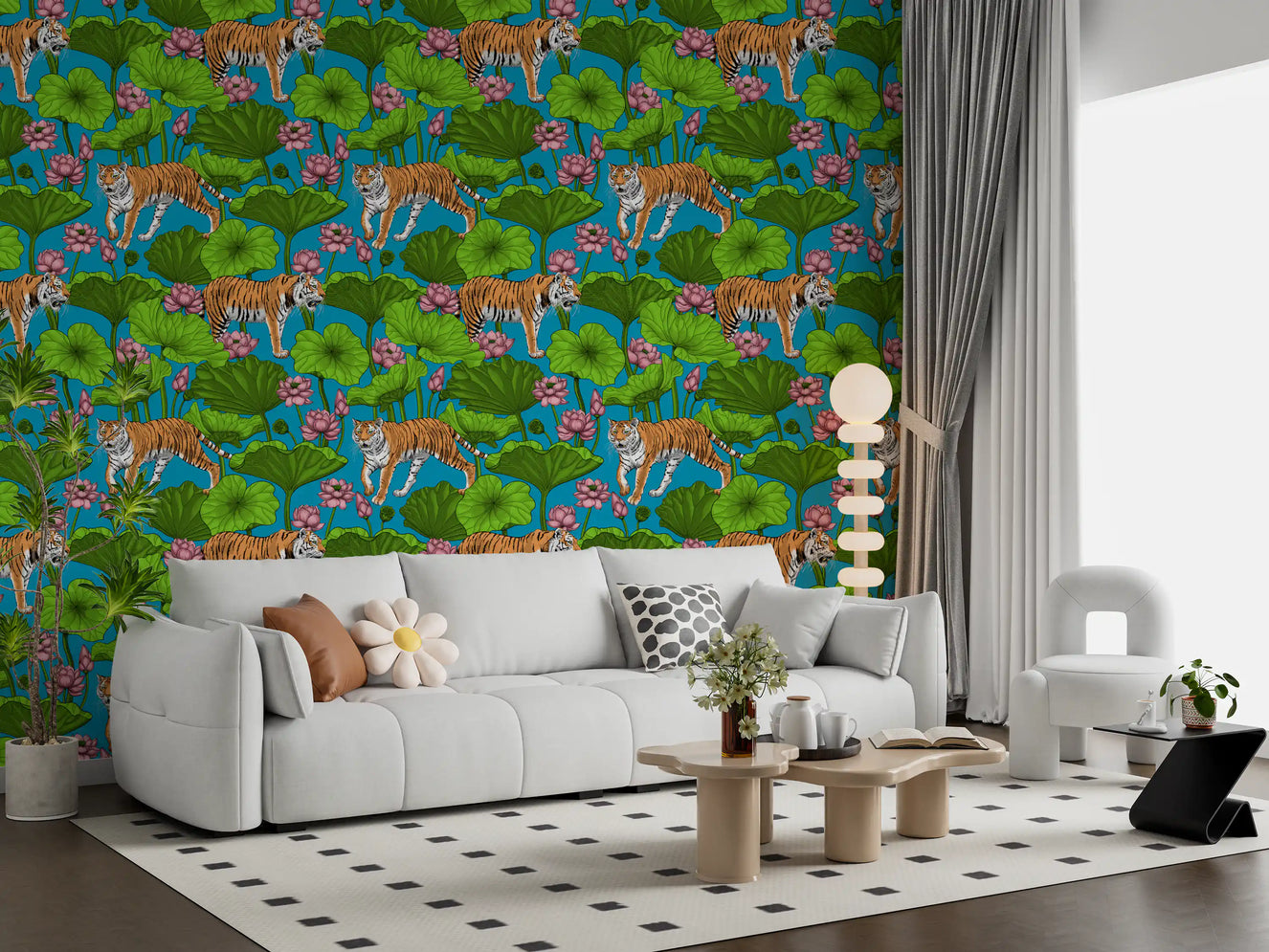 Living room Tigers in the Lotus Pond Wallpaper with blue ground and pink blooms