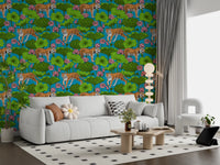 Living room Tigers in the Lotus Pond Wallpaper with blue ground and pink blooms