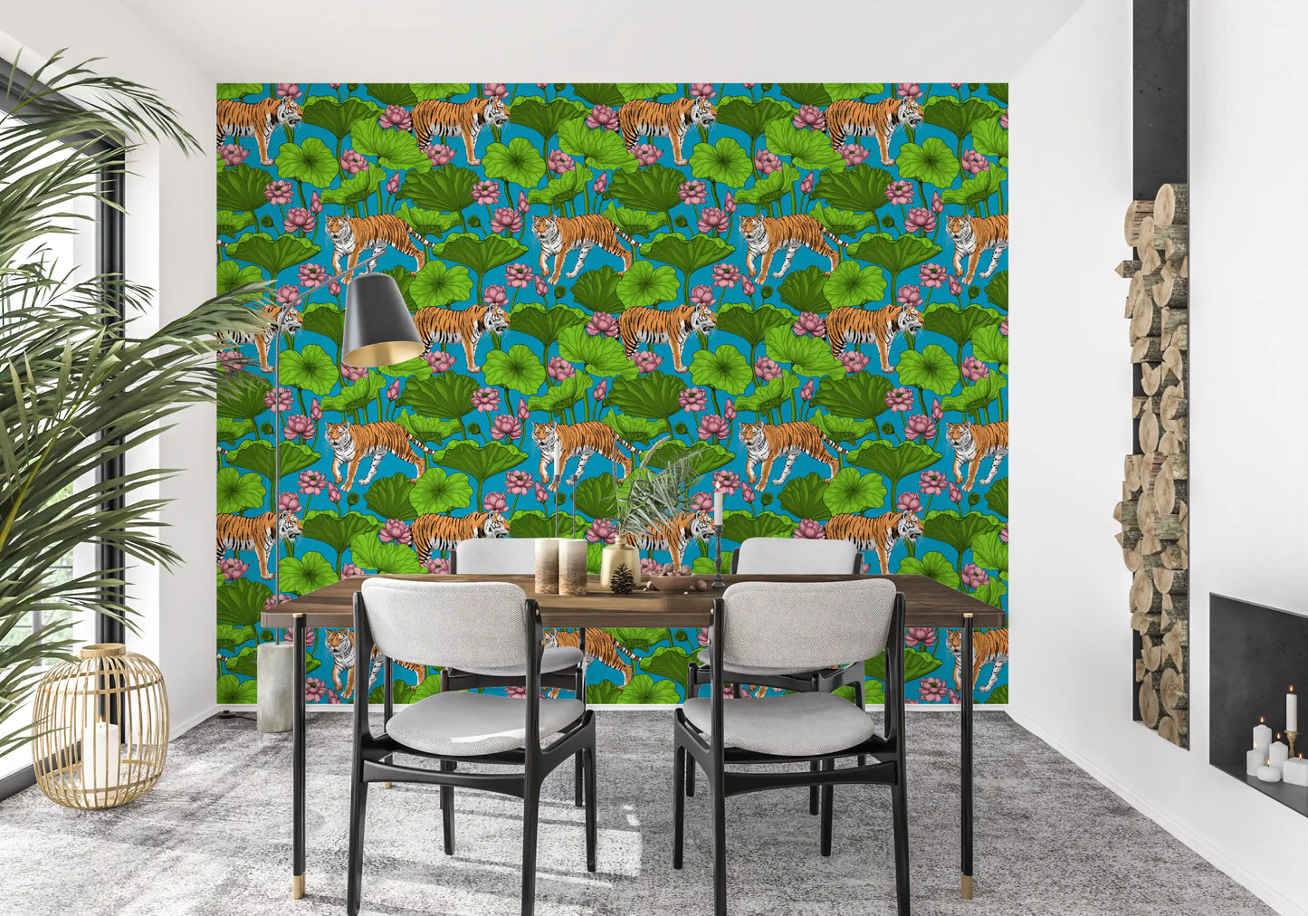 Botanical tiger wallpaper showing lotus pond foliage on a bright blue base