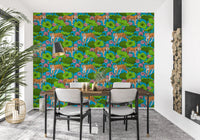Botanical tiger wallpaper showing lotus pond foliage on a bright blue base