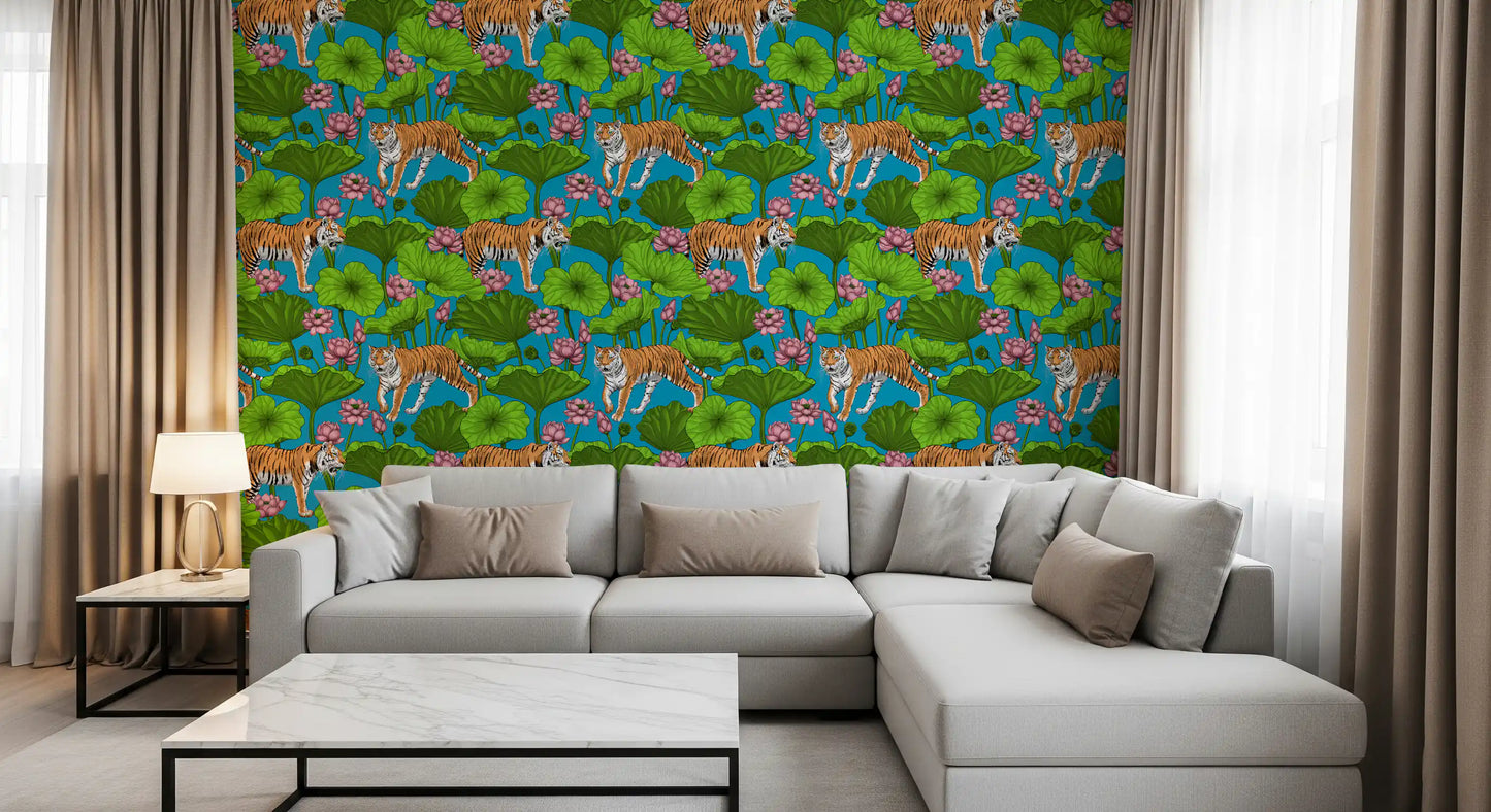 Lotus pond wallpaper with tiger artwork, blue backdrop, and green leaf layers