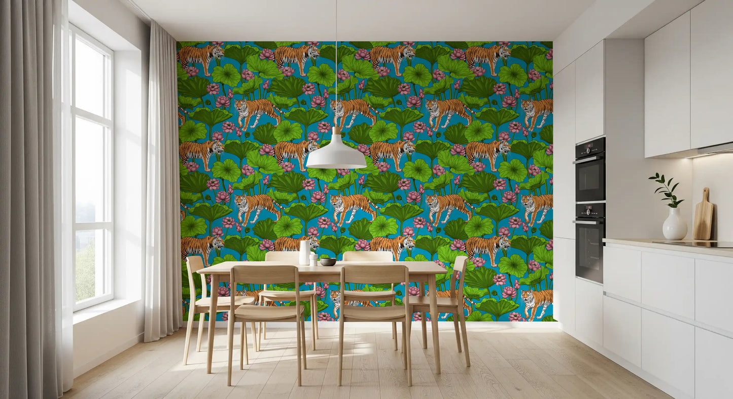 Dining room tiger wallpaper with blue background and pink lotus accents
