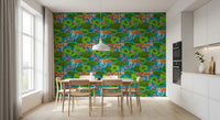Dining room tiger wallpaper with blue background and pink lotus accents