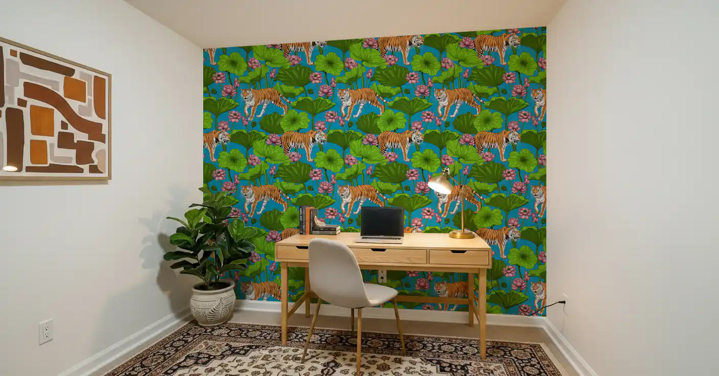 Office area Tigers in the Lotus Pond Wallpaper with bold wildlife pond pattern