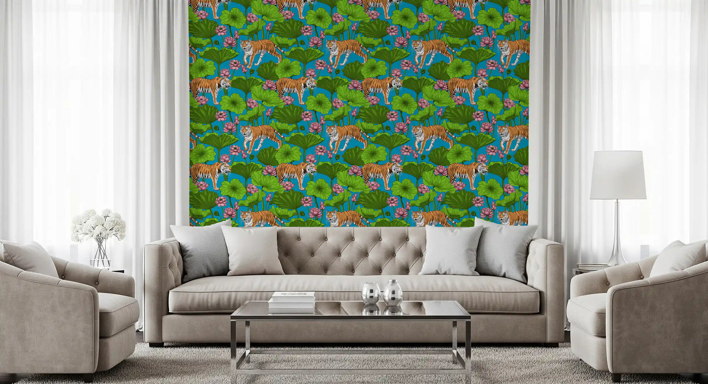Living room lotus pond wallpaper with tiger figures and layered green foliage