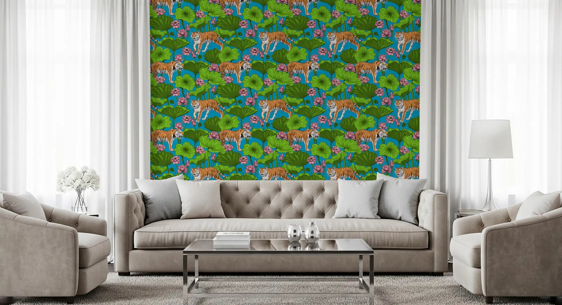 Living room lotus pond wallpaper with tiger figures and layered green foliage