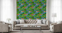 Living room lotus pond wallpaper with tiger figures and layered green foliage