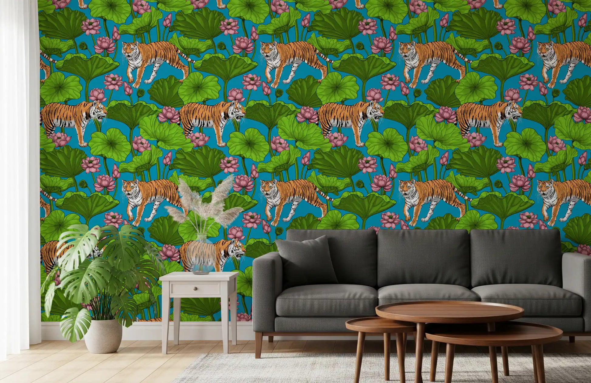 Wildlife wallpaper featuring Tigers in the Lotus Pond pattern and lotus blooms
