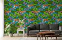 Wildlife wallpaper featuring Tigers in the Lotus Pond pattern and lotus blooms