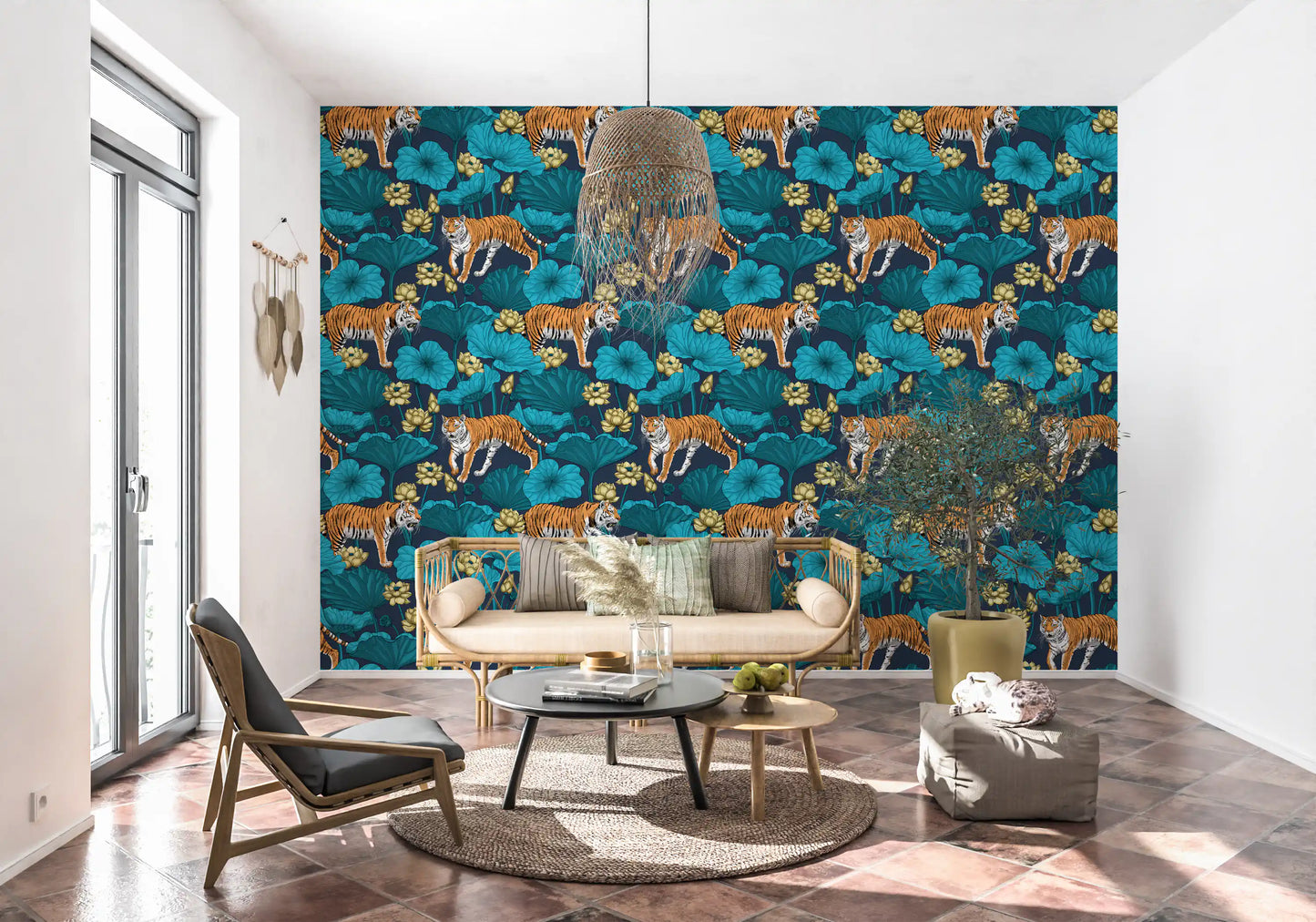 Hallway blue yellow wallpaper with tiger figures and lotus pond pattern