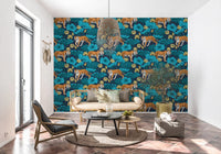 Hallway blue yellow wallpaper with tiger figures and lotus pond pattern