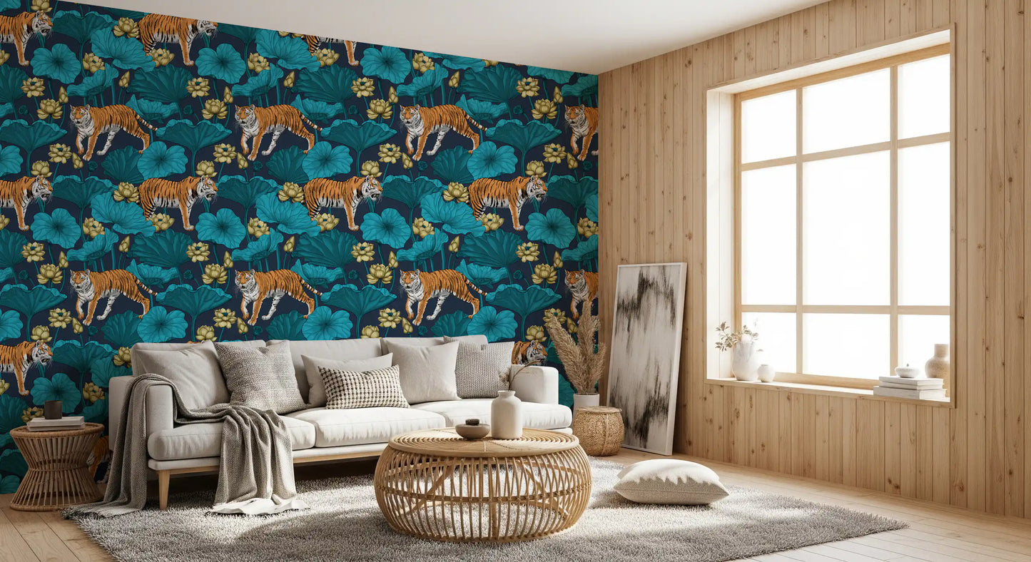 Tigers in the Lotus Pond Wallpaper with blue leaves and yellow lotus flowers