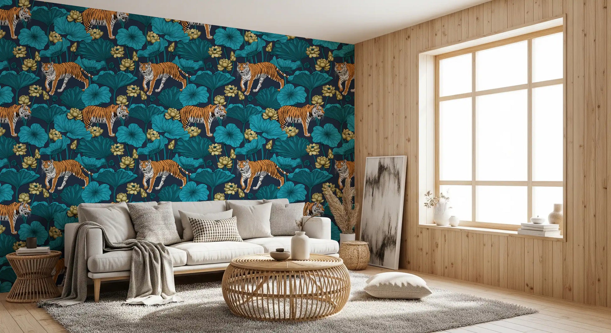 Tigers in the Lotus Pond Wallpaper with blue leaves and yellow lotus flowers
