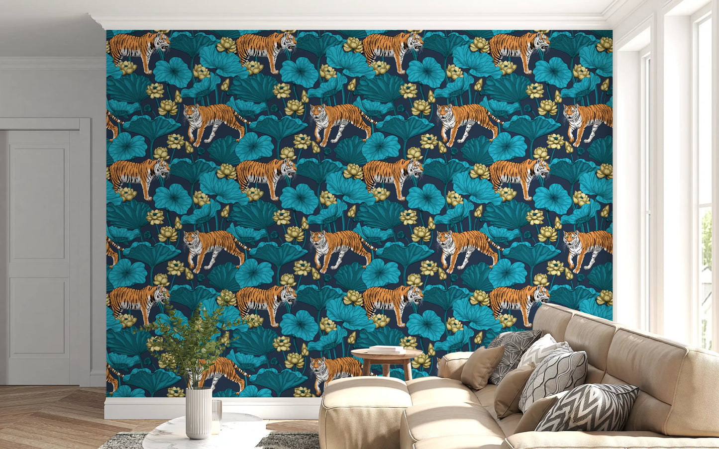 Lotus pond wallpaper with tiger motifs, blue foliage, and yellow flower detail