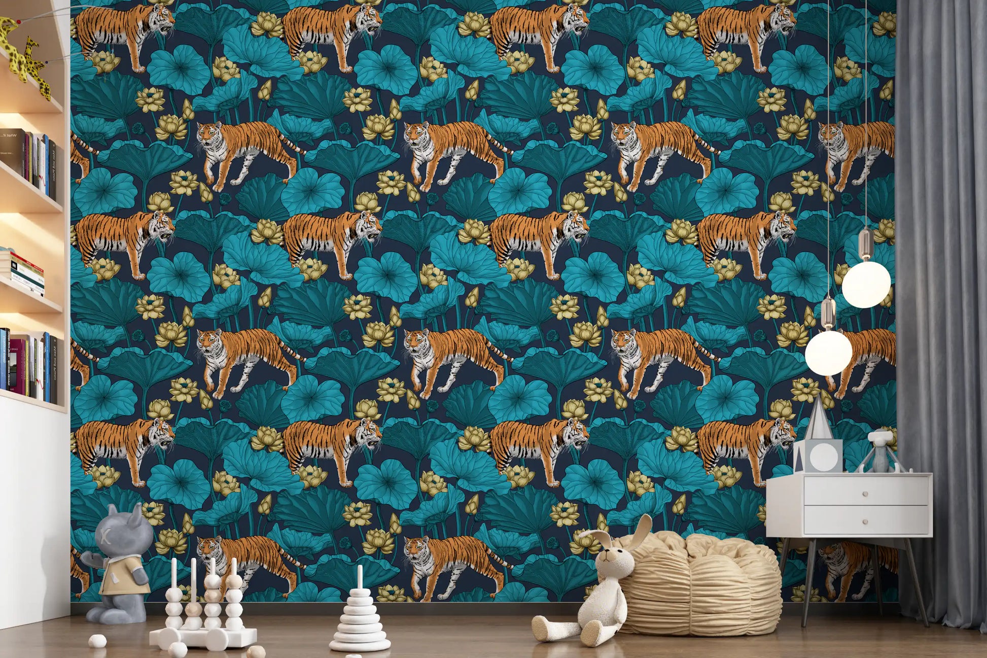Kids room Tigers Lotus Pond Wallpaper with layered blue botanical detail