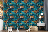 Kids room Tigers Lotus Pond Wallpaper with layered blue botanical detail