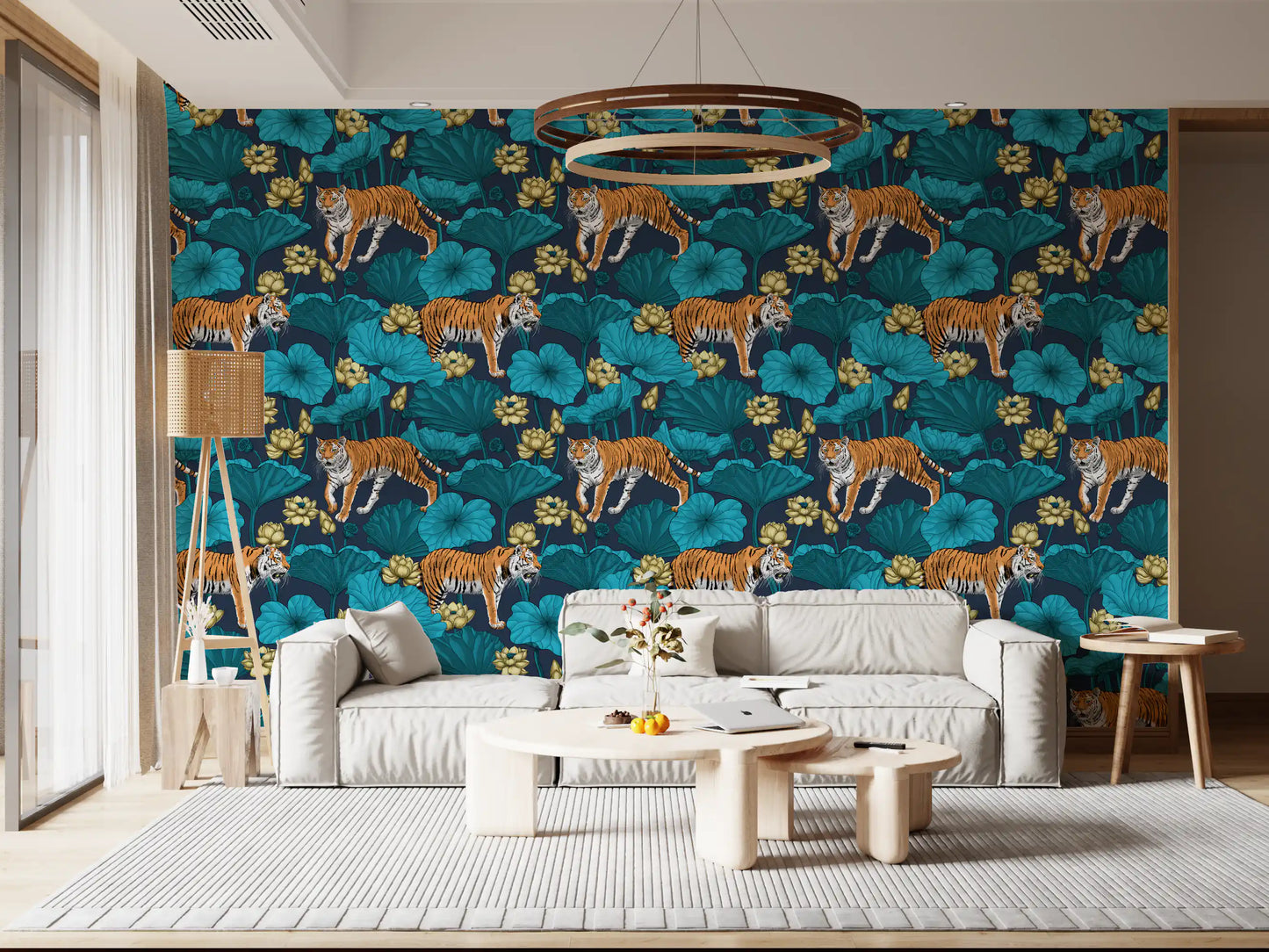 Botanical tiger wallpaper with lotus pond pattern in deep blue and soft yellow