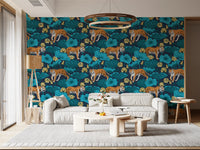 Botanical tiger wallpaper with lotus pond pattern in deep blue and soft yellow