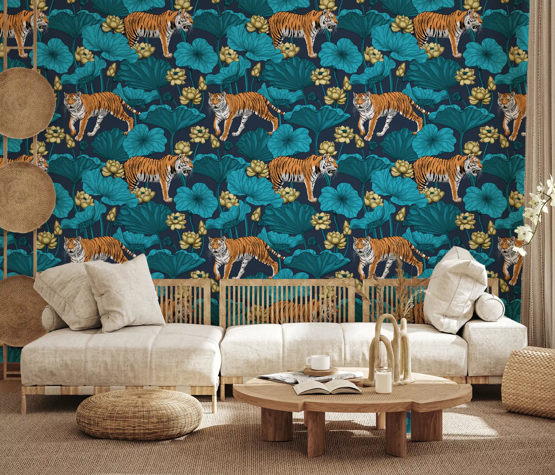 Tigers wallpaper in blue yellow colour with lotus leaves and floral movement