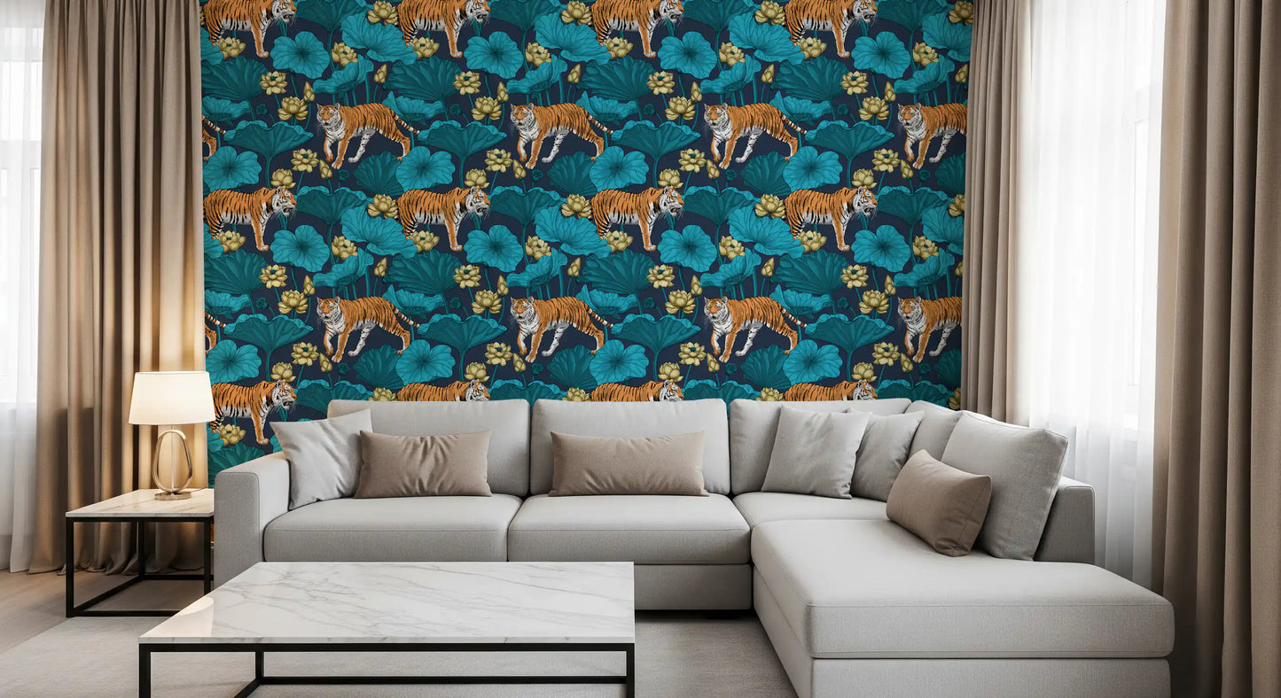 Blue and yellow tiger wallpaper featuring lotus pond foliage and bloom accents
